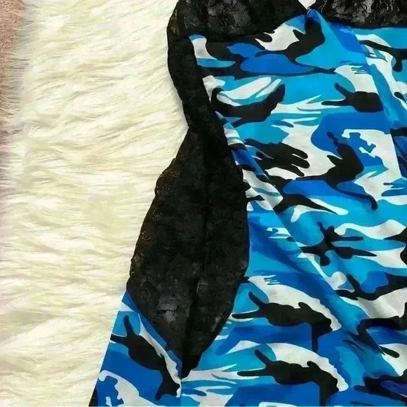 Virgo Blue Camo and Sheer Lace Lingerie Babydoll Slip Dress Large - Picture 3 of 6